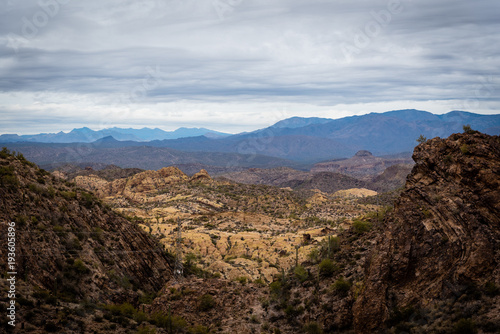 Valley view of Superstition Mountain Range in the Tonto National Forest.