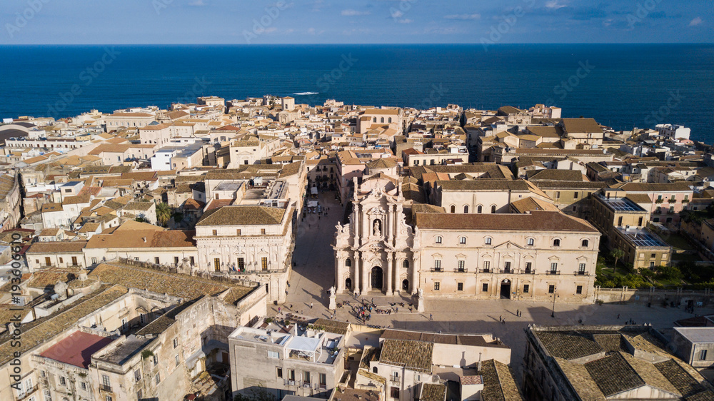 Aerial photo Italian town Syracuse in Sicily - catholic church cathedral