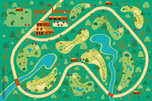 Golf course map 9 holes. Location of the resort with flags of trees and water obstacles. Sport background. Vector map flat illustration.