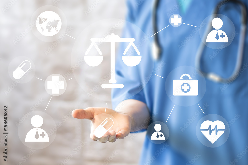 Doctor pushing button justice balance scales healthcare network on virtual panel justice on the medicine