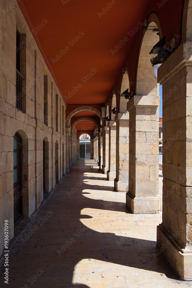 Arcades and columns ancient city of Aviles,  Spain