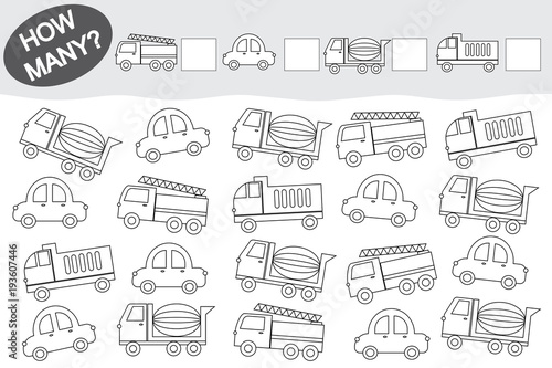 Activity for children. Counting educational game. Coloring book. Transport.