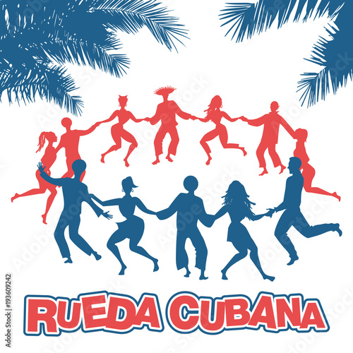 Cuban Rueda, or group of people dancing salsa in a circle under tropical palm trees