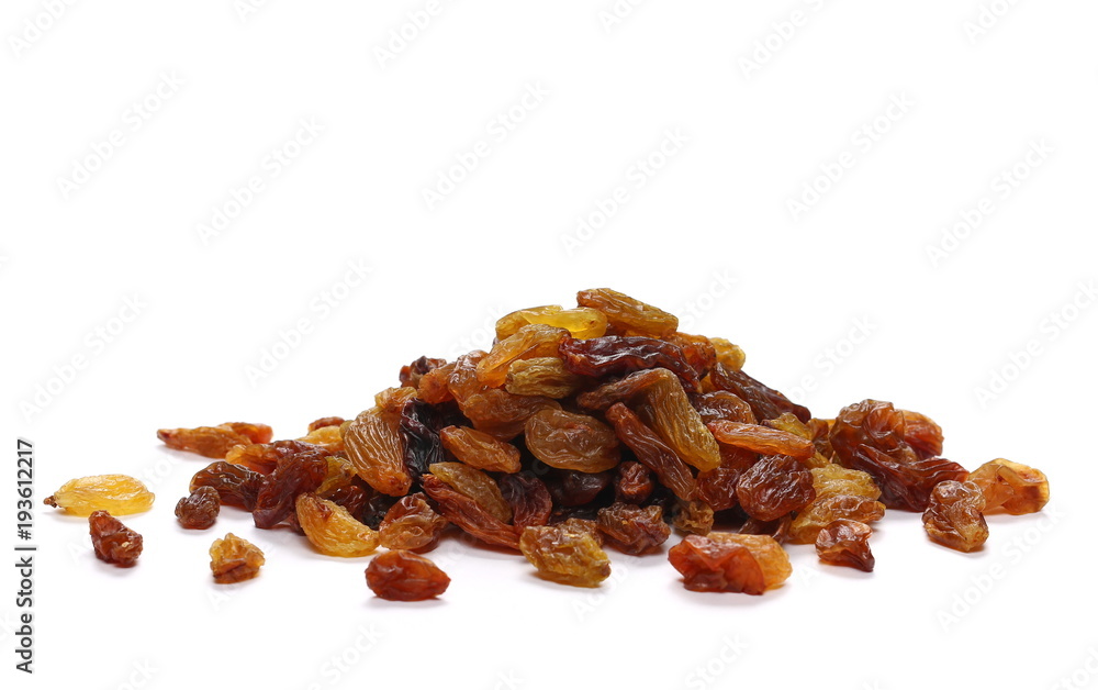 Pile raisins isolated on white background