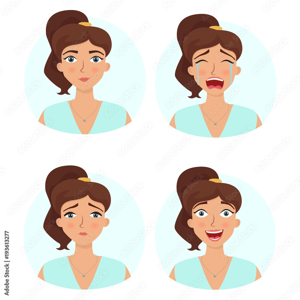 Face expressions. Different girl's emotions. Vector flat illustration. Face expressions. Different girl's emotions. Vector flat illustration.