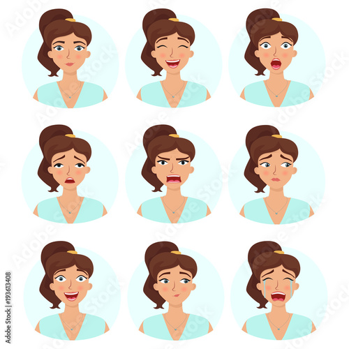 Big set of girl's emotions. Woman's face expressions. Vector flat illustration.