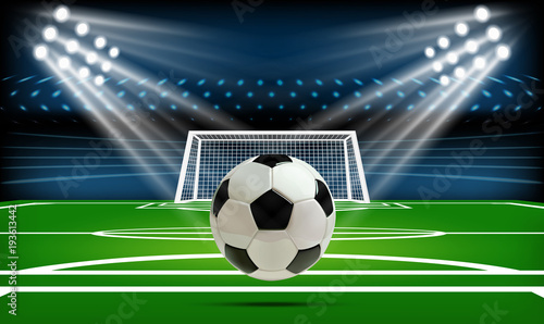 Football or soccer playing field with ball. Sport Game. Football stadium spotlight and scoreboard background with glitter light vector illustration © Yury