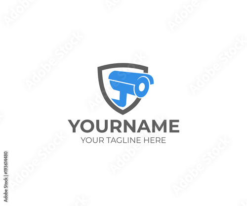 Web camera in the shield logo template. CCTV camera vector design. Security and technology illustration