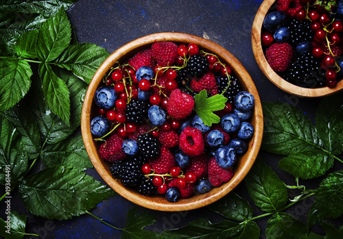 Summer berries in assortment, food background, top view