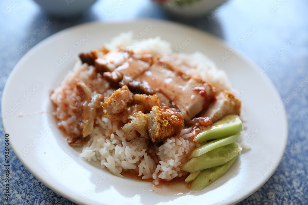 Crispy roast pork with rice , Thai food