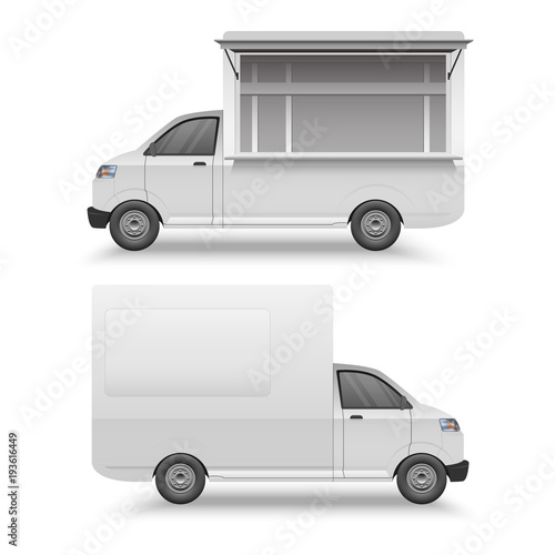 White food truck mock up template, fast food van, vector illustration