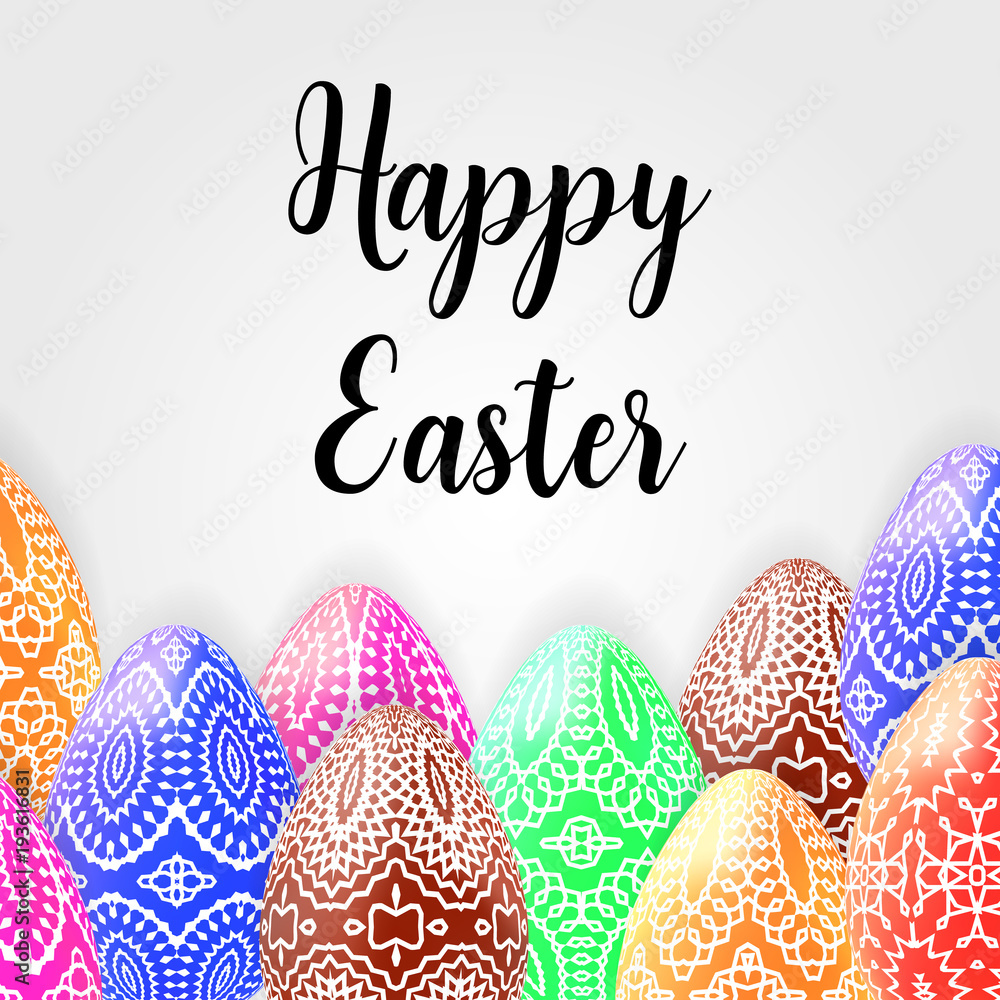 Happy Easter illustration with decorated colorful eggs.