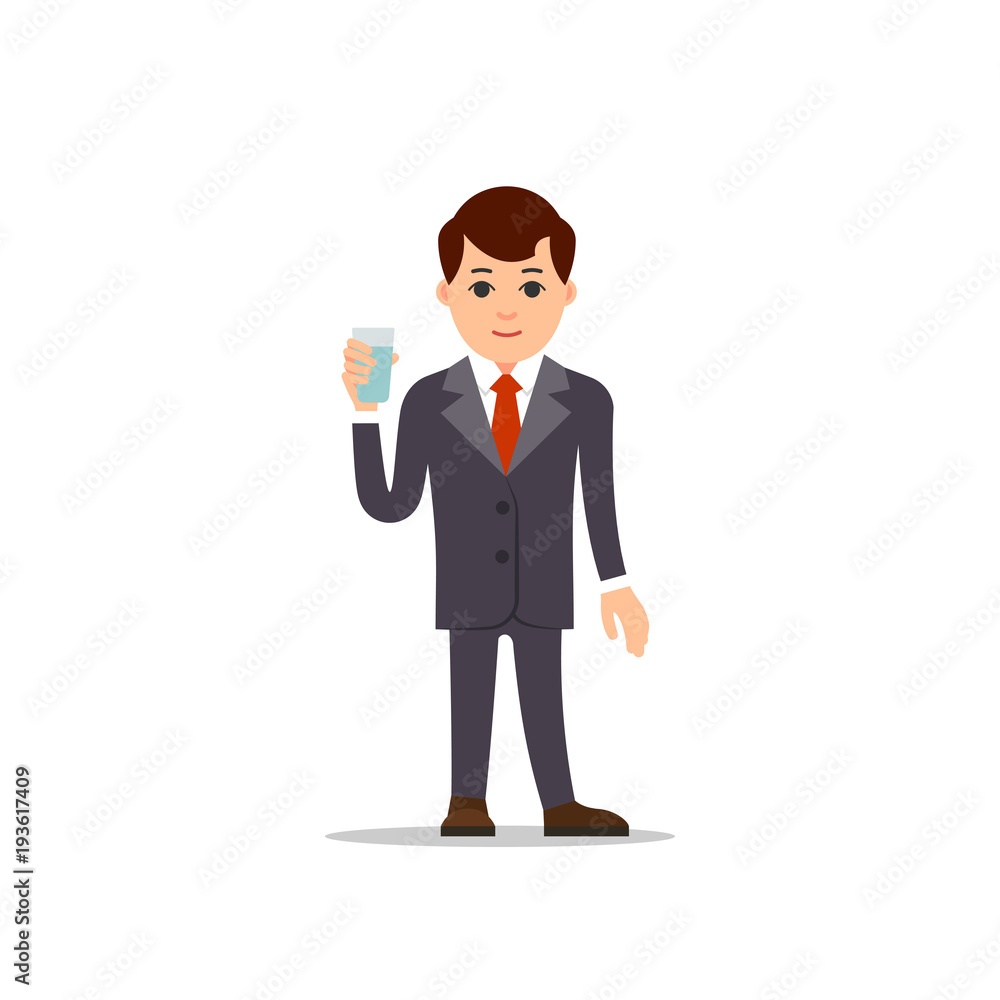Business man. Businessman stand and holds glass of water in his hand. Grey suit, shirt and red tie. Illustration in flat style Business man. Businessman stand and holds glass of water in his hand. Grey suit, shirt and red tie. Illustration in flat style