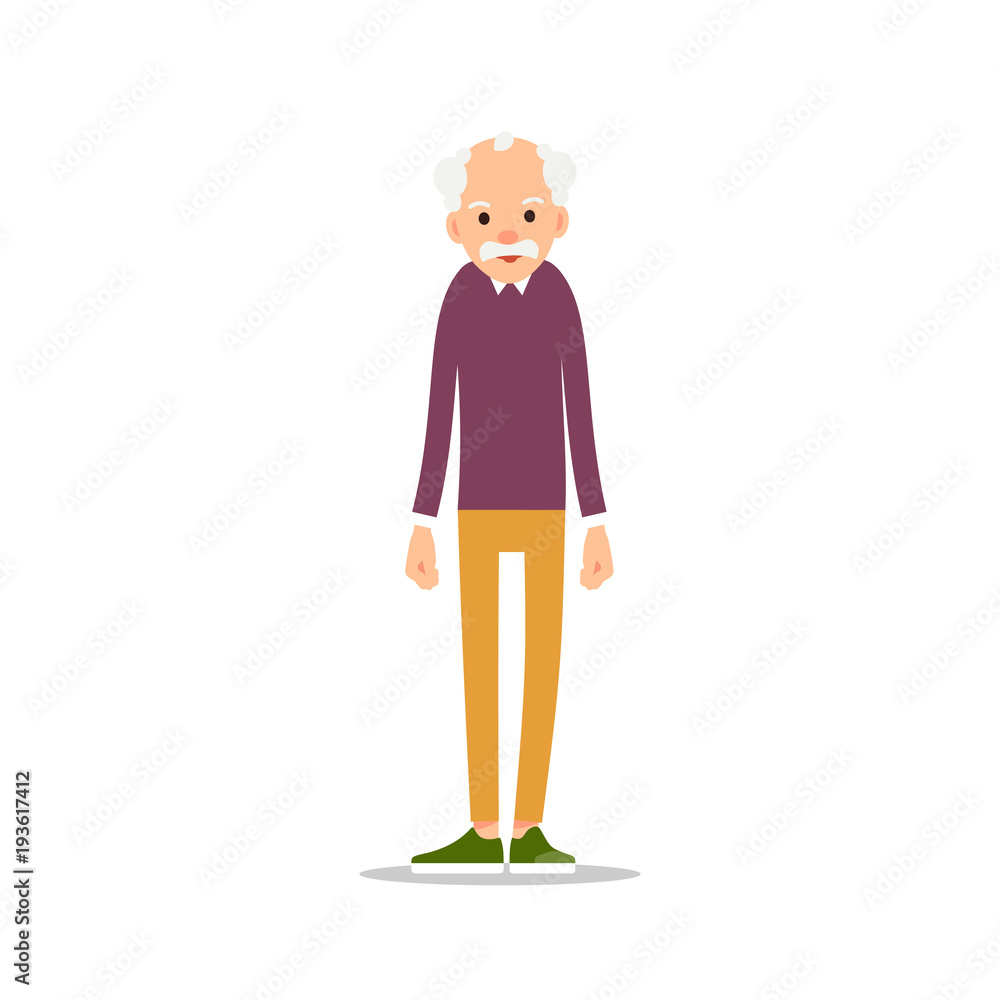 Fototapeta premium Old man. Elderly man with mustache is stand and his arms are lowered. Cartoon illustration isolated on white background in flat style. Full length portrait of old human, senior or grandfather