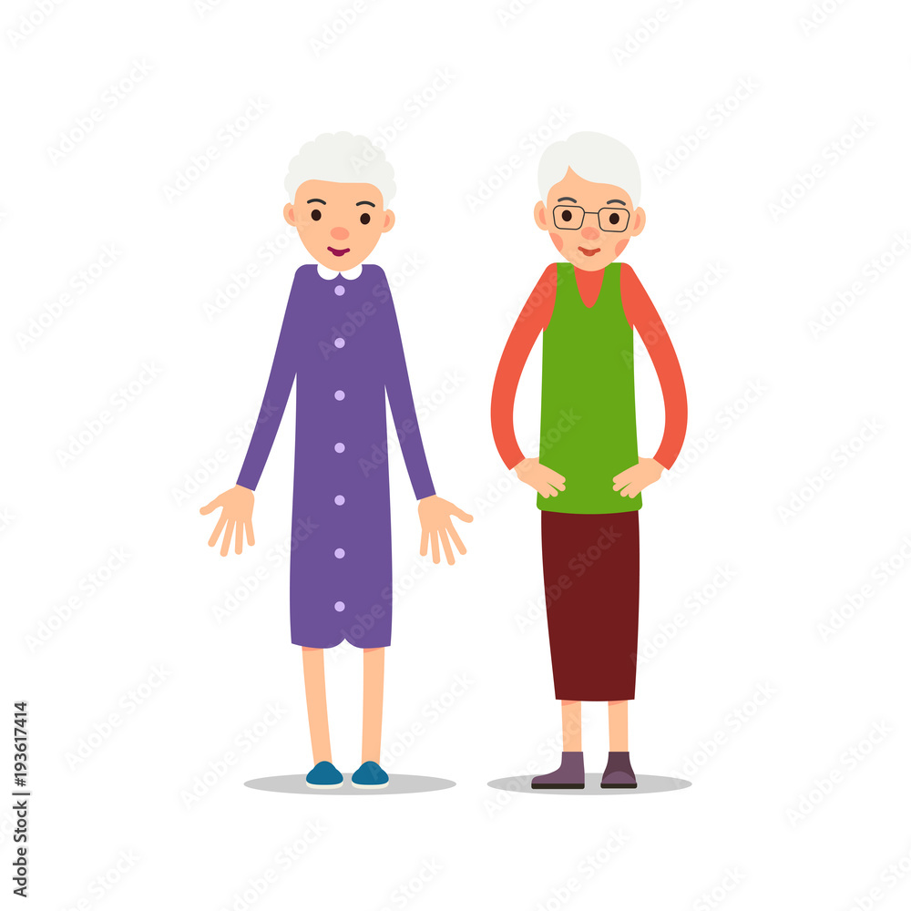 Old woman. Two senior, one elder womаn stand and holds his arms in different directions, the other stands with his hands in the hips. Illustration isolated on white background in flat style.