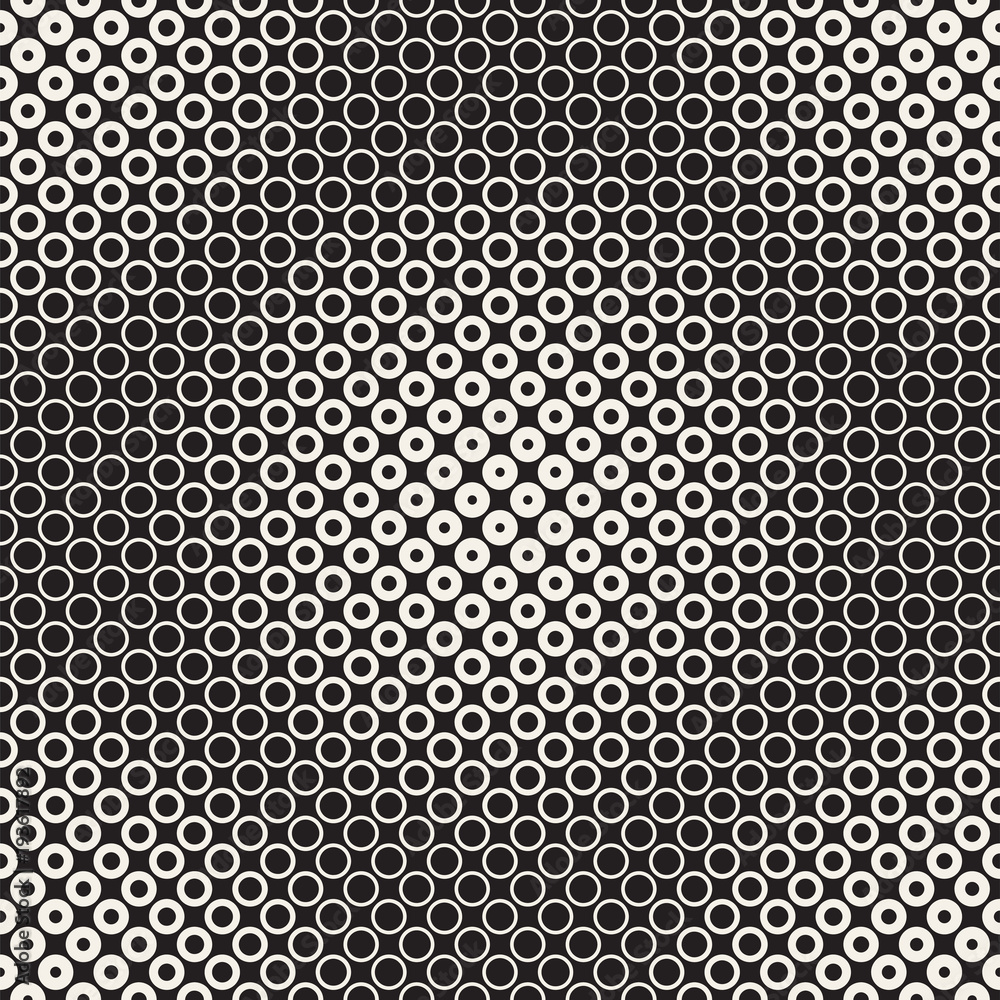 Halftone circles vector seamless pattern. Abstract geometric texture with size gradation of rings. Gradient transition effect background, Halftone circles vector seamless pattern. Abstract geometric texture with size gradation of rings. Gradient transition effect background,