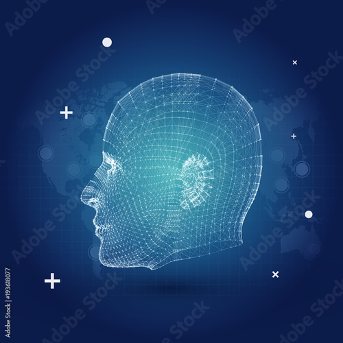 Artificial Intelligence with Cyborg Mesh Face Vector Illustration Background - Futuristic Business Presentation Template
