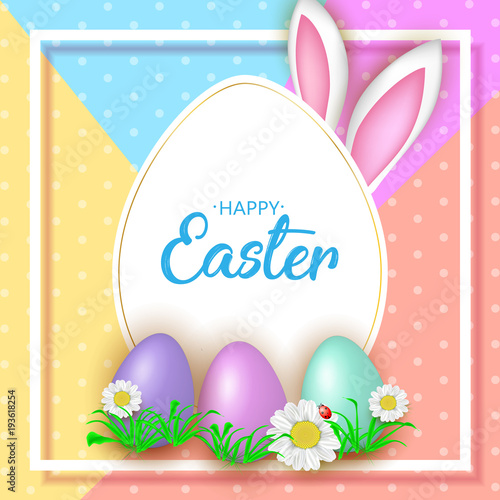 Cute Easter greeting card with flowers, Easter eggs and Rabbit ears on colourful background. Vector illustration