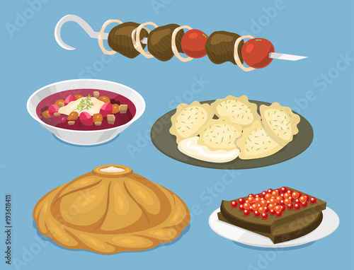 Traditional Russian cuisine culture dish course food welcome to Russia gourmet national meal vector illustration