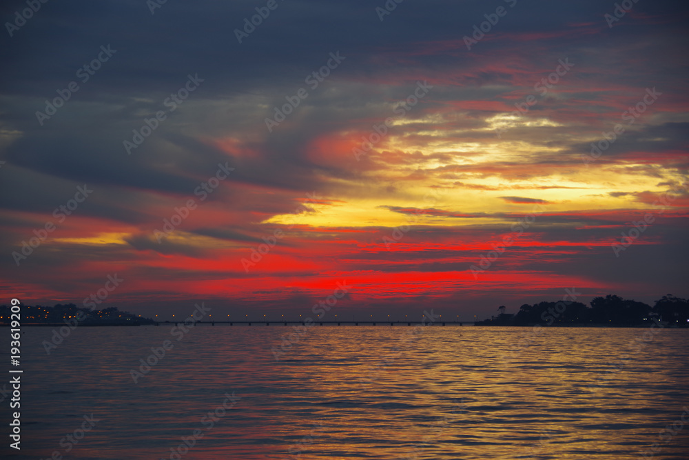 Colorful sunset above Samil beach, Vigo, Galicia, Spain