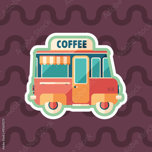 Coffee van sticker flat icon with color background.