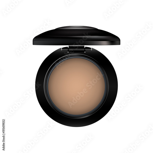 Realistic Face Makeup Cosmetic Powder in Plastic Round Case with glittering sequin BB powder. Highlighter Eye Shadow Packaging compact. 3D Vector Top view.