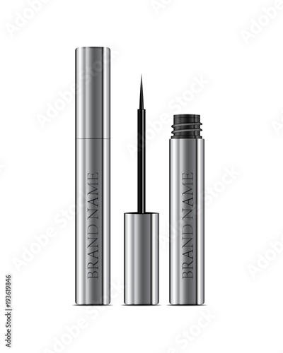 3d realistic eyeliner pen vector in chrome silver case. Cosmetics package. Elegant Liquid lipliner with brush.