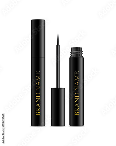 3d realistic eyeliner pen vector in black case. Cosmetics package. Elegant Liquid lipliner with brush. Mock up template isolated on white.