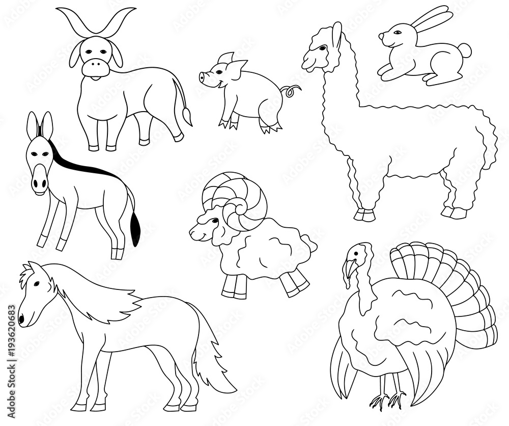 Set of Farm animals and birds icons vector illustration sketch Set of Farm animals and birds icons vector illustration sketch