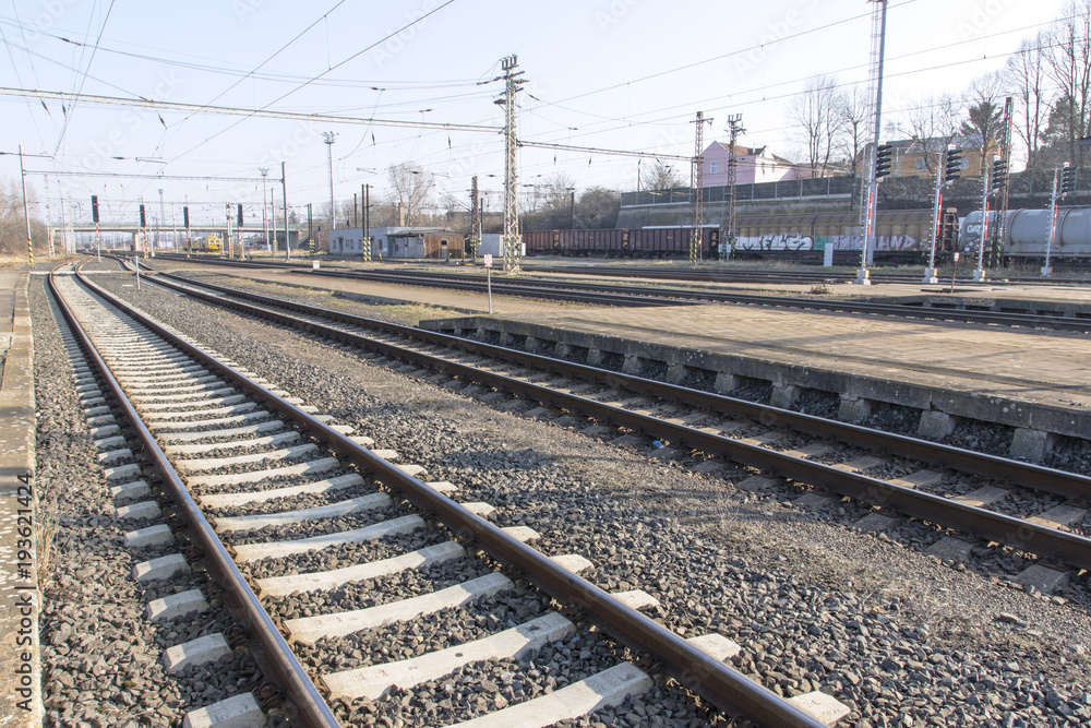 railways and electric pylons at the railway station railways and electric pylons at the railway station