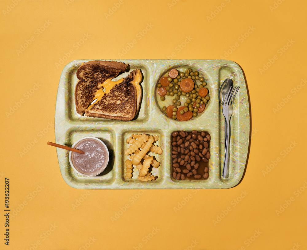 School Lunch Grilled Toasted Cheese Sandwich with Mixed Vegetables