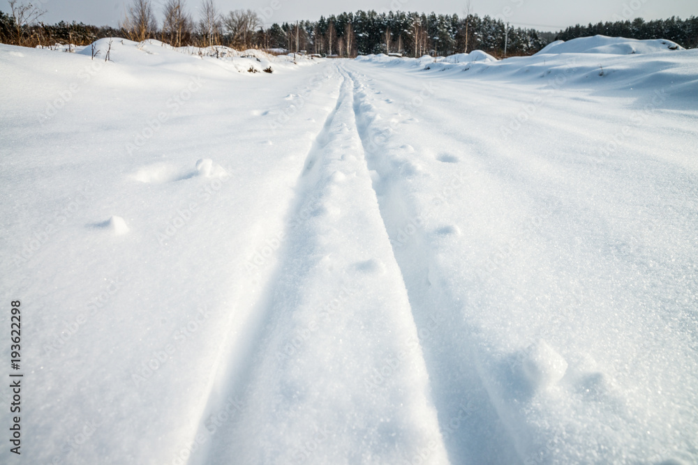 Traces on the snow. Perspective view. Traces on the snow. Perspective view.
