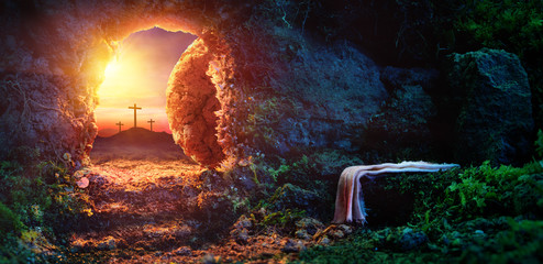 Crucifixion At Sunrise - Empty Tomb With Shroud - Resurrection Of Jesus Christ
