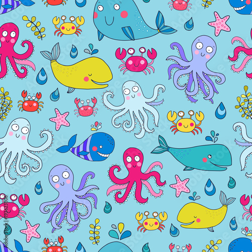 Seamless vector pattern with underwater creatures like octopus, crab, whale, starfish. Lovely vector illustration.