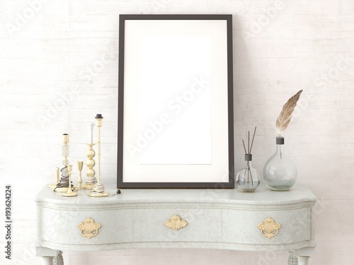 Mock up empty frame with stylish candlesticks and a fashionable chest of drawers.