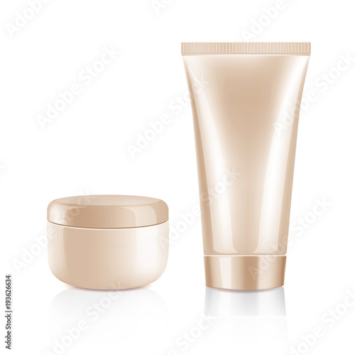 Mock up cosmetic realistic beige plastic cream bottle and tube isolated on white background. Beauty product package template, vector illustration.