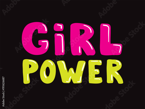 Girl power slogan hand drawn pink and yellow lettering on black background. Vector illustration for t shirt, poster etc