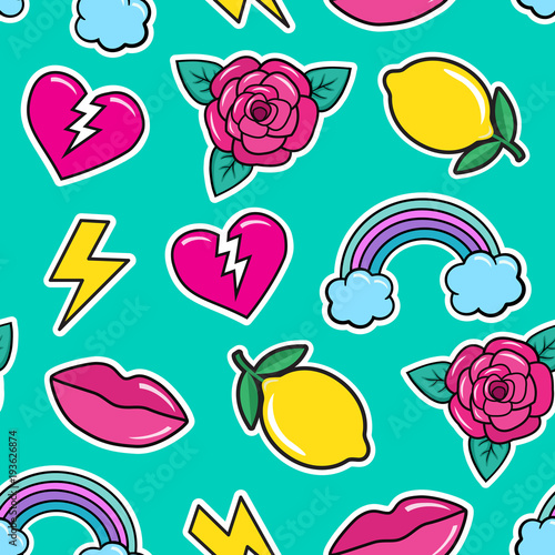 Seamless colorful pattern in fashion rockabilly tattoo style. Patches set, broken heart, rose, lemon, lips, rainbow etc on mint green background. Vector illustration of modern vintage stickers