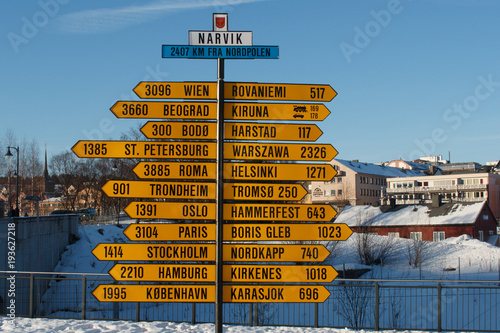 Photography Yelllow signpost in Narvik, Norway
