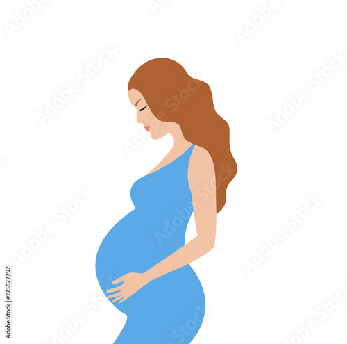 Simple cute colorful vector illustration of pregnant brown hair woman in blue dress on white background.