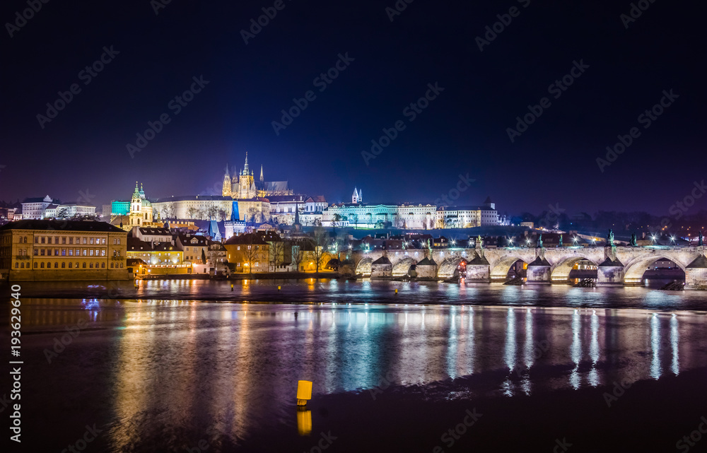 Famous Charles Bridge and tower at night, Prague, Czech Republic