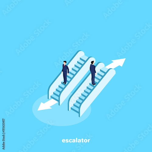 men in business suits on an escalator, isometric image