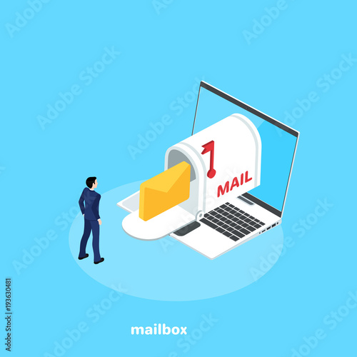 a man in a business suit stands next to a laptop and a mail box, an isometric image