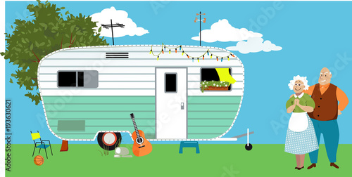 Senior couple standing in front of a camper trailer or motor home, EPS 8 vector illustration