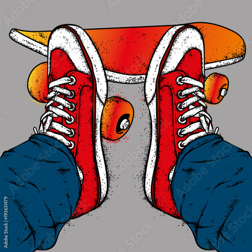 Stylish sneakers and jeans. Vector illustration. Street shoes. A picture for a postcard or a poster, a print on clothes.