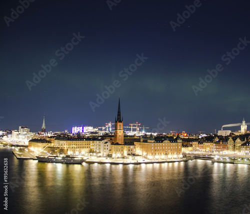 Night panorama with northern lights of Gamla Stan  Old Town   Stockholm   Sweden 