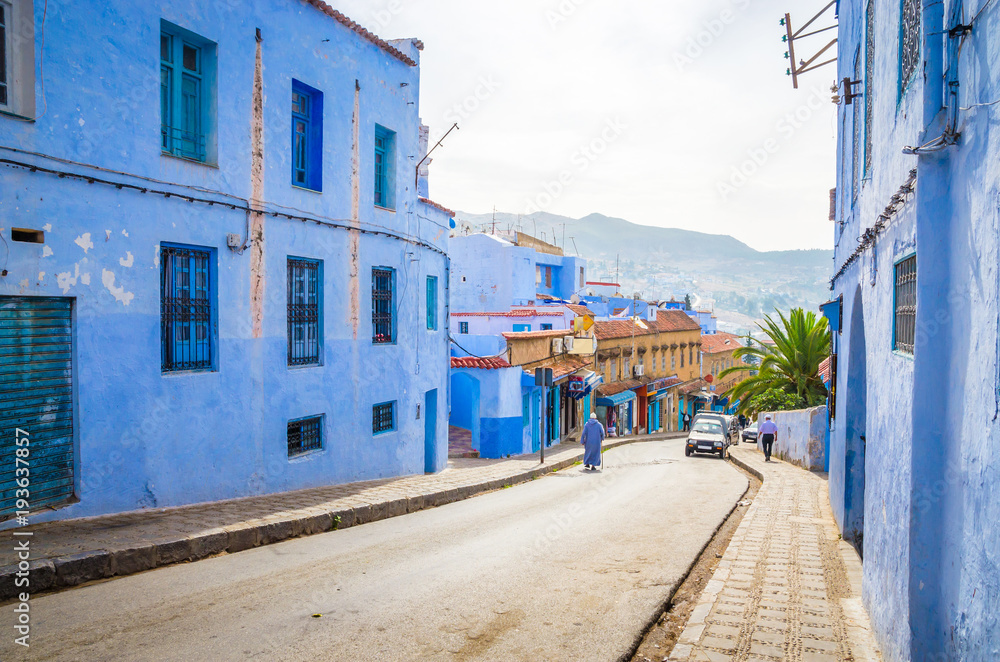 Beautiful street of blue medina in city Chefchaouen,  Morocco, Africa.