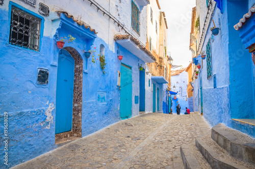 Beautiful street of blue medina in city Chefchaouen,  Morocco, Africa. © Olena Zn