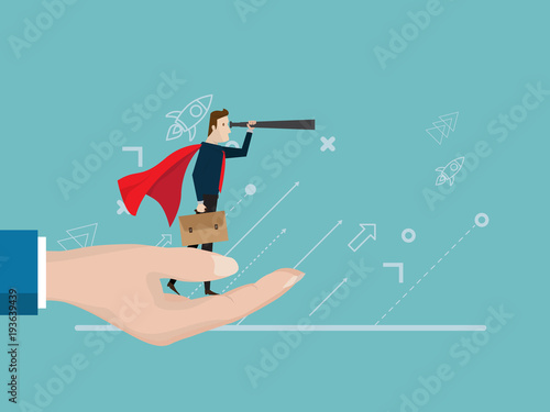 illustration of businessman standing on helping hand and use telescope, business vision concept
