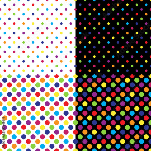 Four different seamless colorful polka dot patterns. Vector illustration.